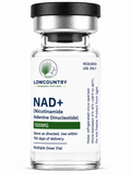 Bottle of Lowcountry Research Peptides NAD+ 500mg supplement with label showing product details and branding.