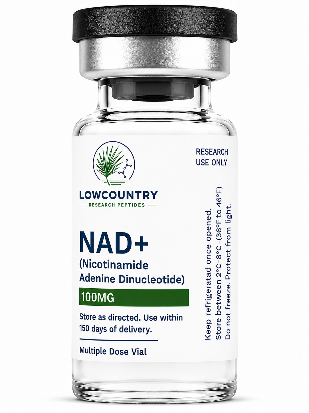 Bottle of Lowcountry Research Peptides NAD+ 500mg supplement with label showing product details and branding.