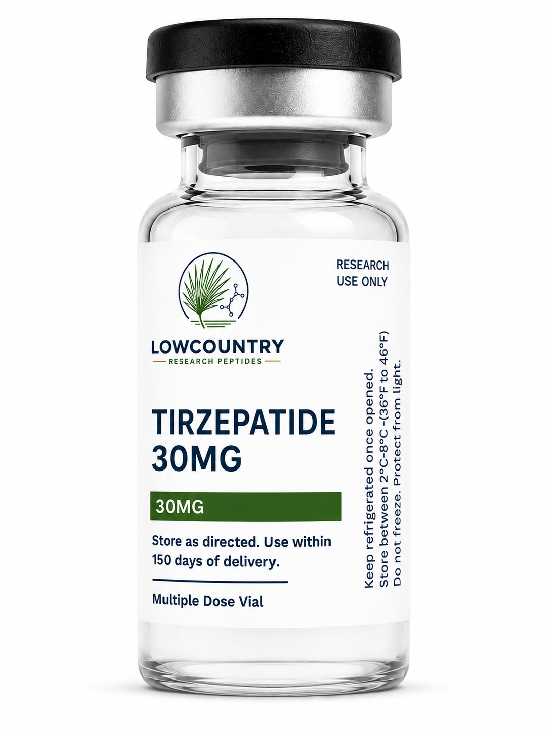 Vial of Lowcountry Research Peptides GLP-2 TZP for research use with label showing product details and barcode.