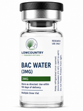 Bottle of BAC Water from Lowcountry Research Peptides, clear sterile water in a labeled plastic container.