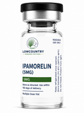 Vial of Ipamorelin peptide from Lowcountry Research Peptides, showing clear glass container with label and sealed cap.