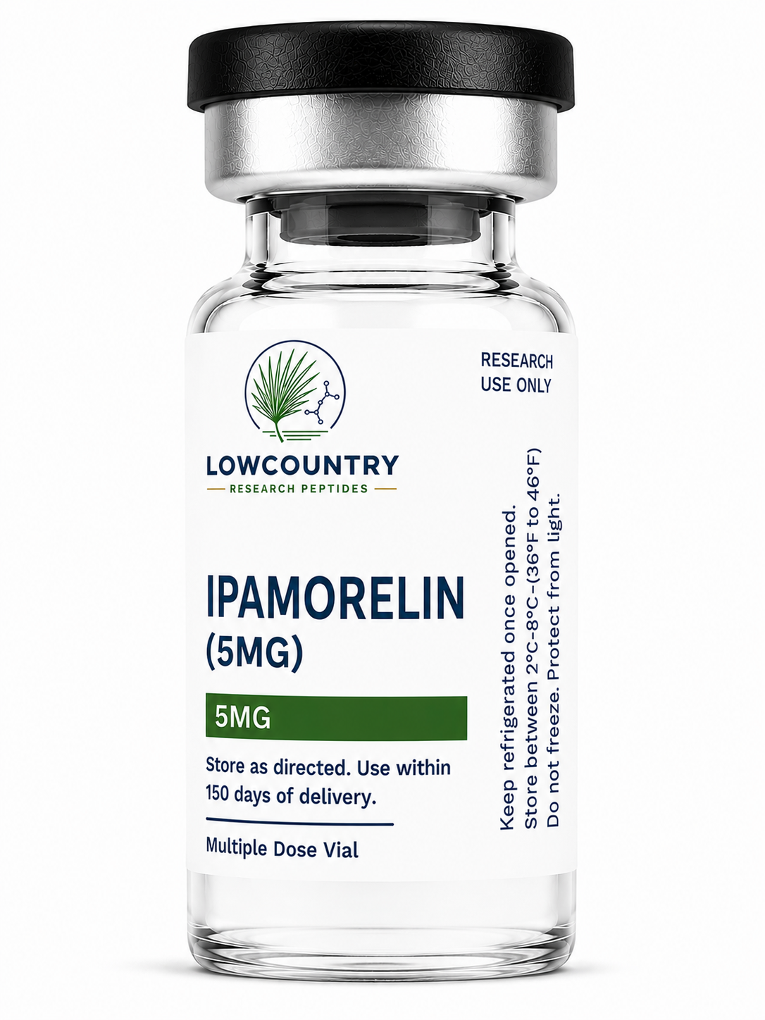Vial of Ipamorelin peptide from Lowcountry Research Peptides, showing clear glass container with label and sealed cap.