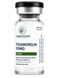 Tesamorelin 10mg vial from Lowcountry Research Peptides, showing the labeled glass container with dosage information.