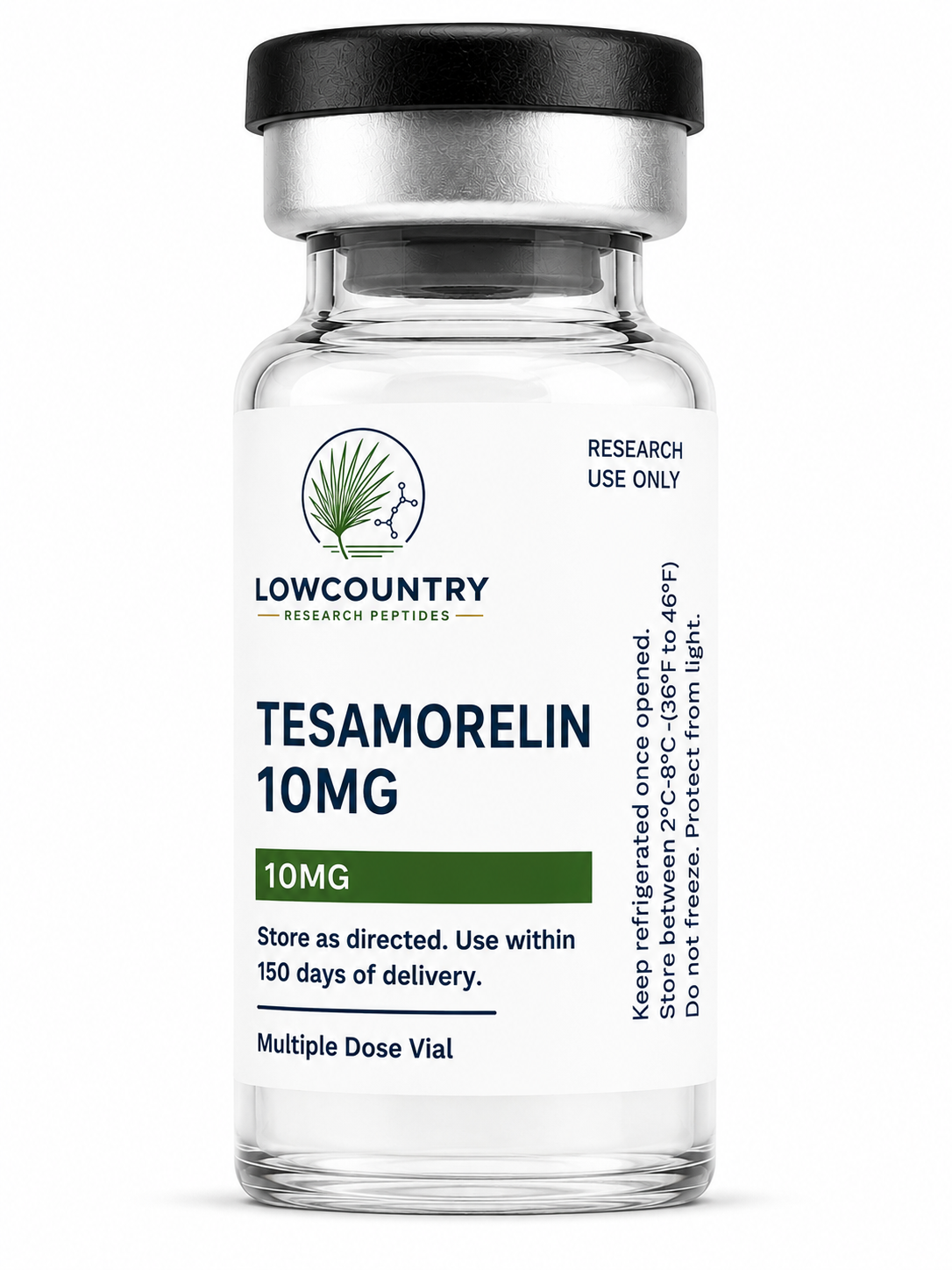 Tesamorelin 10mg vial from Lowcountry Research Peptides, showing the labeled glass container with dosage information.