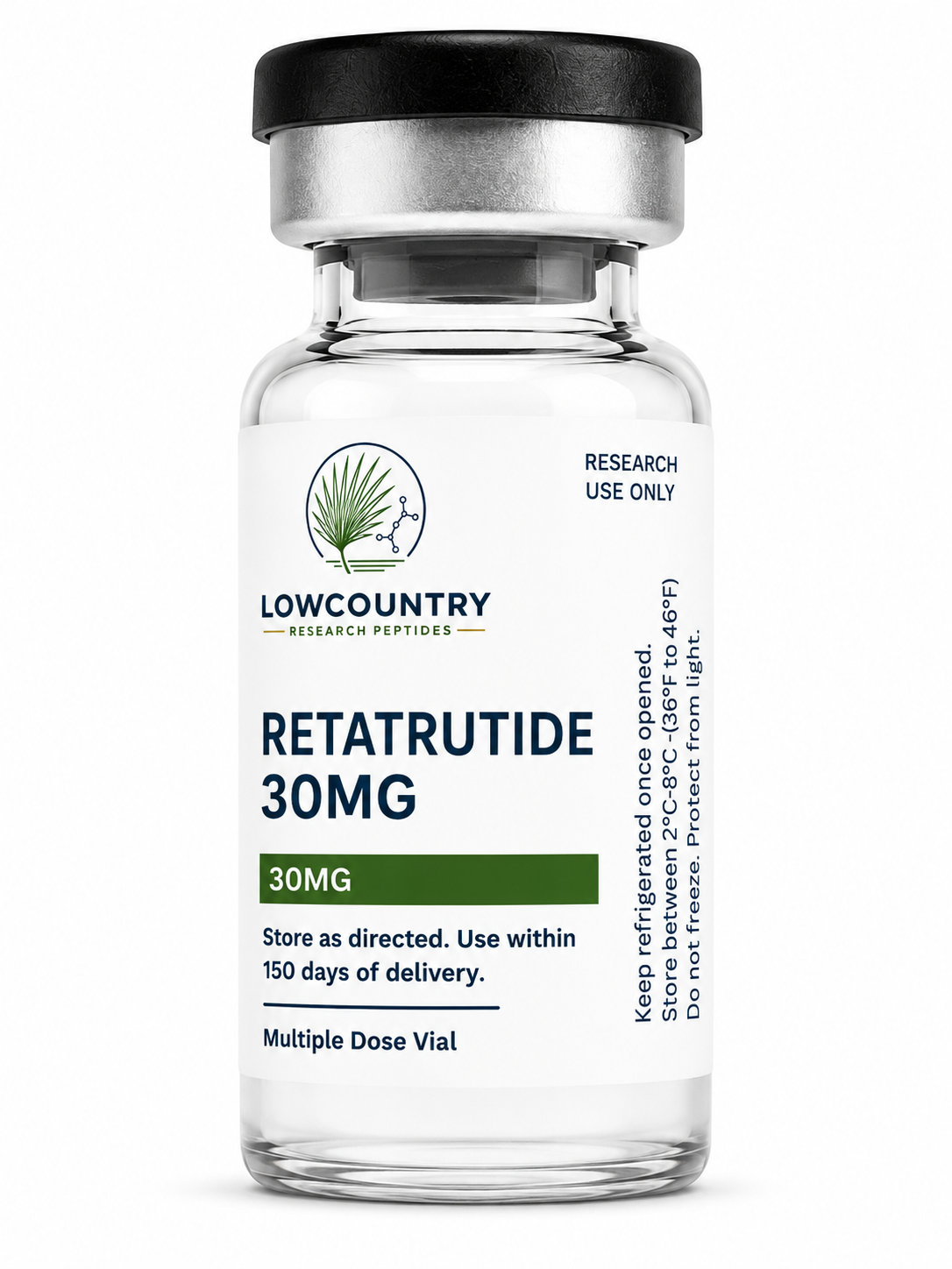 Lowcountry Research Peptides GLP-3 RT vial with label, showing clear liquid and product details for peptide research use.