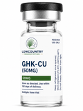 GHK-CU peptide supplement bottle from Lowcountry Research Peptides with label and cap visible in the image.