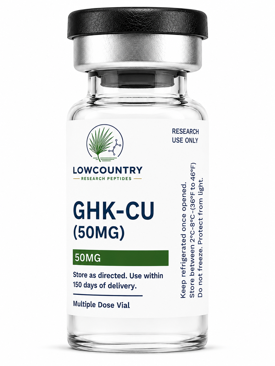 GHK-CU peptide supplement bottle from Lowcountry Research Peptides with label and cap visible in the image.