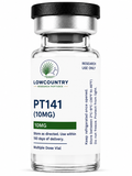 PT 141 peptide 10mg vial from Lowcountry Research Peptides, showing clear glass container with label and white cap.