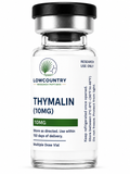 Vial of Thymalin 10mg peptide supplement from Lowcountry Research Peptides, showing the label and clear glass vial.