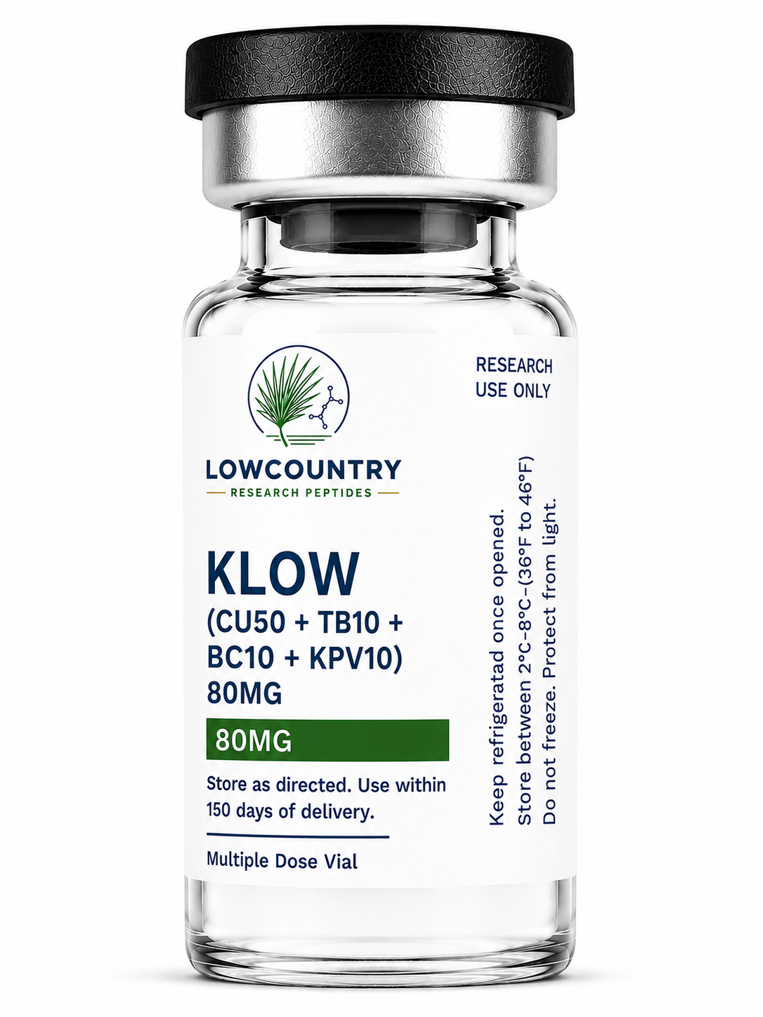 Peptide supplement kit including KLOW CU50, TB10, BC10, and KPV10 80mg by Lowcountry Research Peptides, shown in the image.