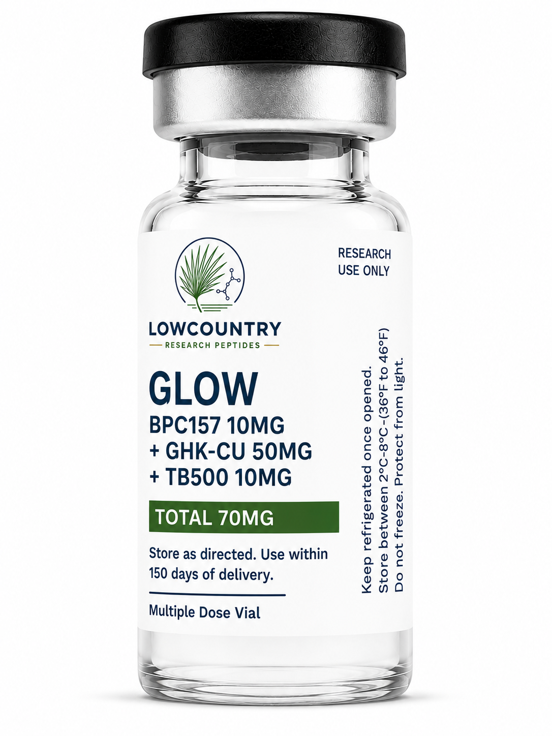 GLOW peptide supplement bottle from Lowcountry Research Peptides with label visible on white background