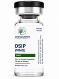 Vial of DSIP 10mg peptide by Lowcountry Research Peptides with clear label and cap, set against a plain background.