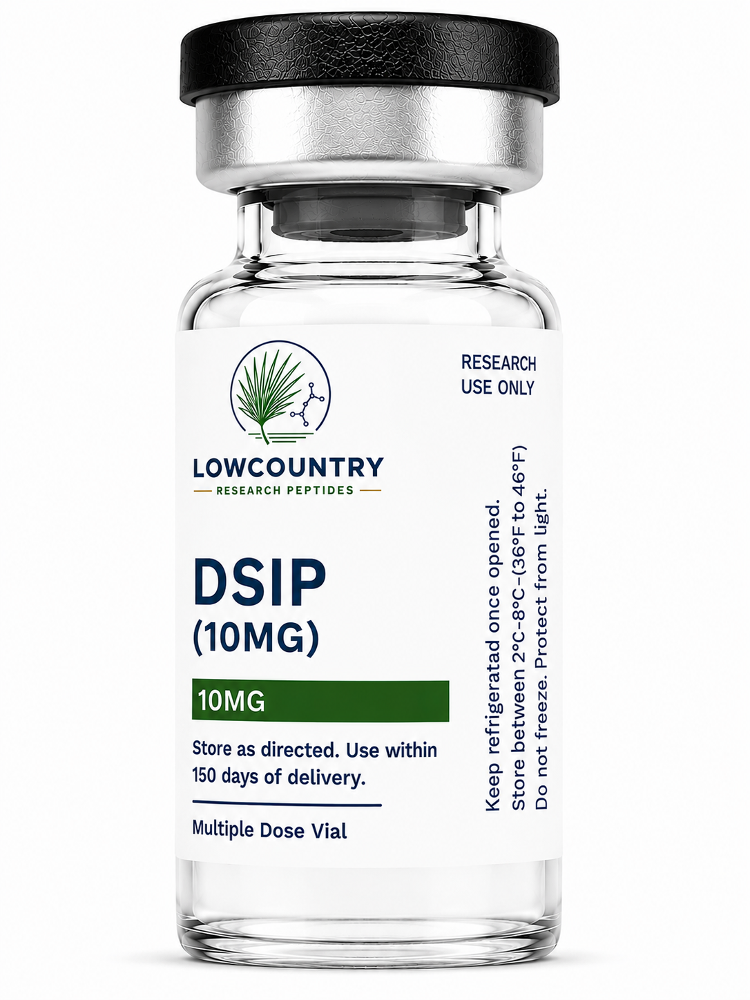 Vial of DSIP 10mg peptide by Lowcountry Research Peptides with clear label and cap, set against a plain background.
