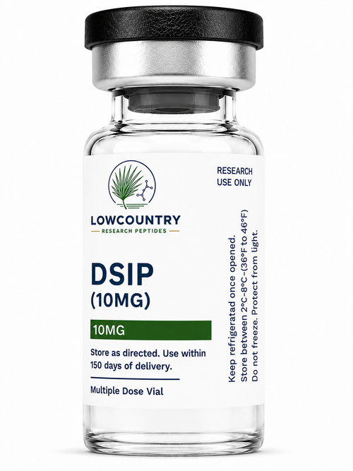 Vial of DSIP 10mg peptide by Lowcountry Research Peptides with clear label and cap, set against a plain background.