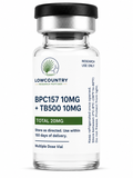 Lowcountry Research Peptides BPC/TB-500 MIX supplement in clear container with label showing product details and branding.