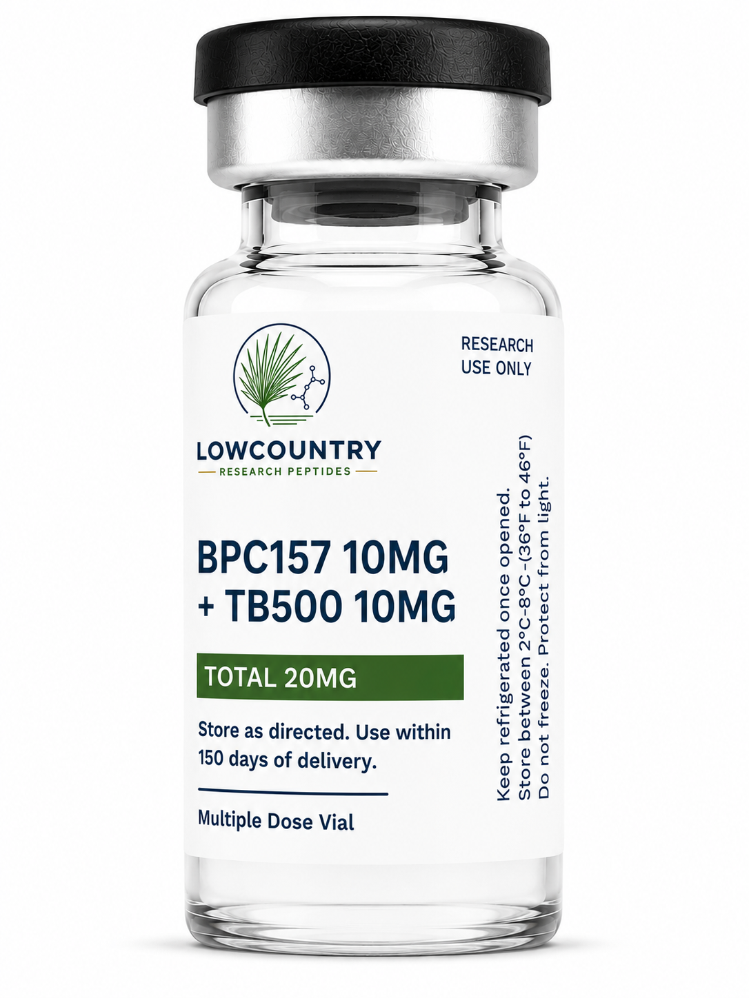 Lowcountry Research Peptides BPC/TB-500 MIX supplement in clear container with label showing product details and branding.