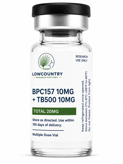 Lowcountry Research Peptides BPC/TB-500 MIX supplement in clear container with label showing product details and branding.