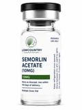 Vial of Semorelin peptide from Lowcountry Research Peptides, showing clear liquid and label on the container.