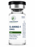 Vial of 5-Amino-1 peptide supplement by Lowcountry Research Peptides, showing clear label and sealed container.