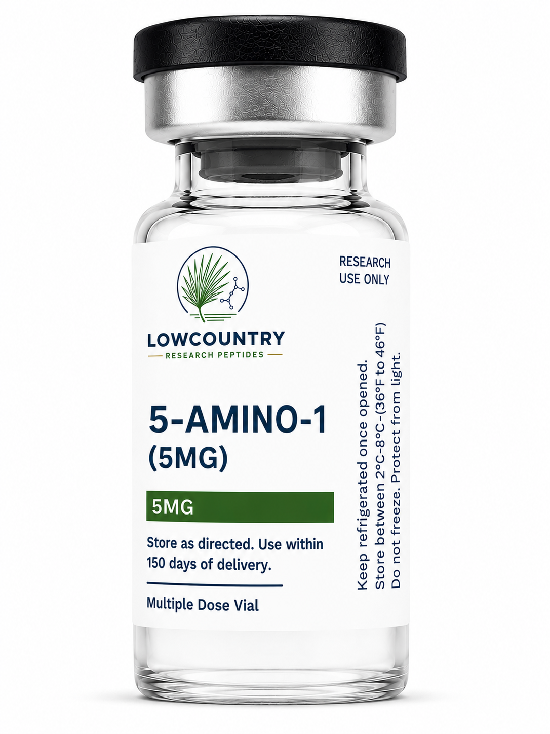 Vial of 5-Amino-1 peptide supplement by Lowcountry Research Peptides, showing clear label and sealed container.